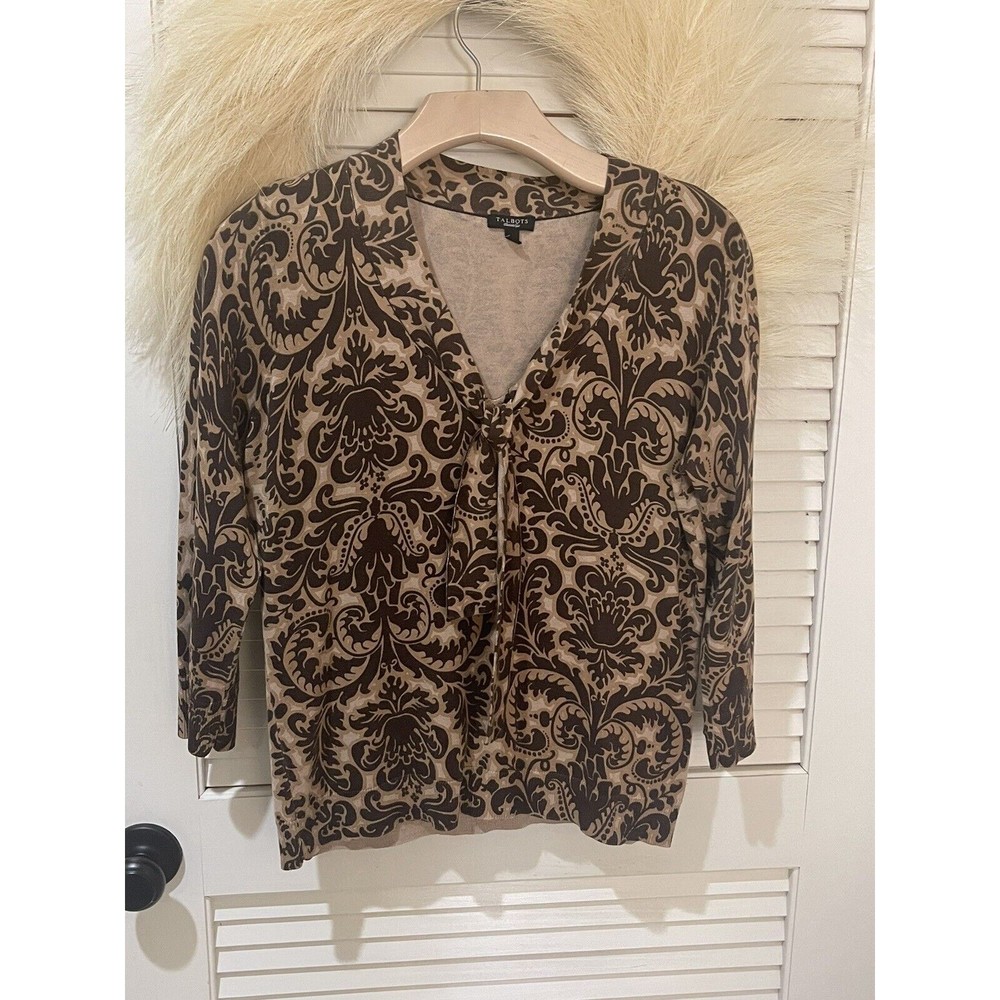 Talbots Blouse Size Large Womens Multicolor Silk Long Sleeve BROWN V Neck Tie